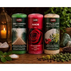 Candele rituali Abre Caminhos, Amor e Arruda con sale grosso e peperoncino